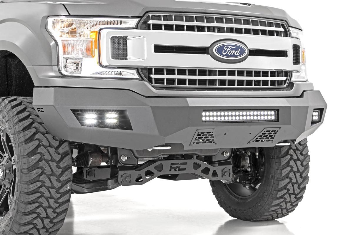Ford F-150 Front Bumper - Rough Country - LED Bumper with 2in LED Cubes and 20in Light Bar - Flat Black - '18-'20